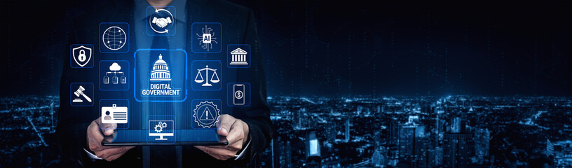 Digital Government Concept with Innovative Technology and Iconic Symbols Representing Administration, Security, and Connectivity over a City Skyline at Night Fluxor.