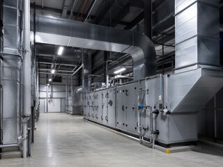 Large industrial hvac unit installed in warehouse facility. Ventilation ductwork system for air conditioning and climate control. Modern engineering infrastructure and mechanical pipe.