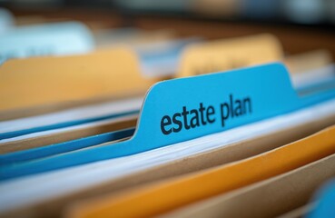Close up of blue file folder tab labeled estate plan in office filing cabinet. Documents organize personal wealth, future legacy. Secure financial records for safe keeping. Legal papers sorted for