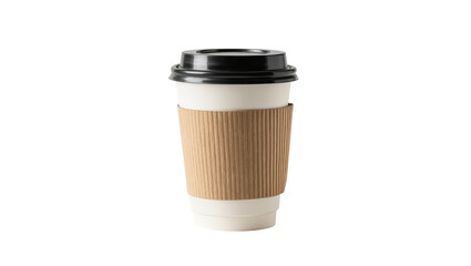 White paper coffee cup with brown sleeve and black lid