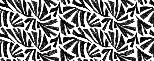 Tropical geometric black leaves seamless pattern. Graphic dynamic botanical vector background with chalk texture palm leaves. Seamless pattern print, natural naive abstract jungle or forest motif bg.