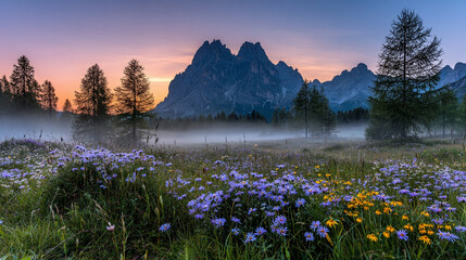 Sunrise over alpine meadow with wildflowers and mist in the morning Generative AI
