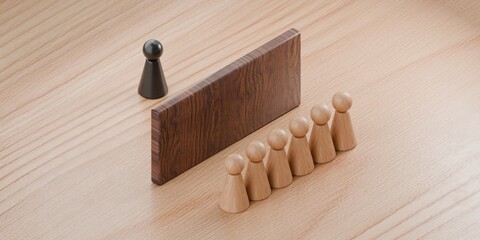 dividing wall between 2 different coloured 3d pawn figurines, social division