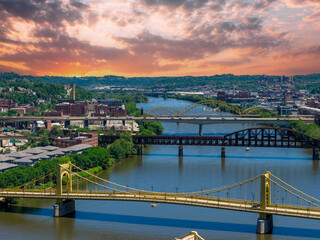 Aerial shot along the Allegheny River in Pittsburgh Pennsylvania USA