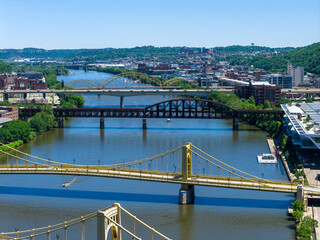 Aerial shot along the Allegheny River in Pittsburgh Pennsylvania USA