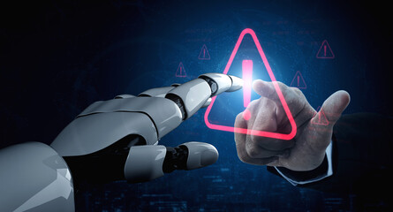 AI monitors network to issue real-time alerts for cybersecurity incidents. Alert warning showing red cyber for data breach, network threat, emphasis on security risk, caution, digital protection Vouch