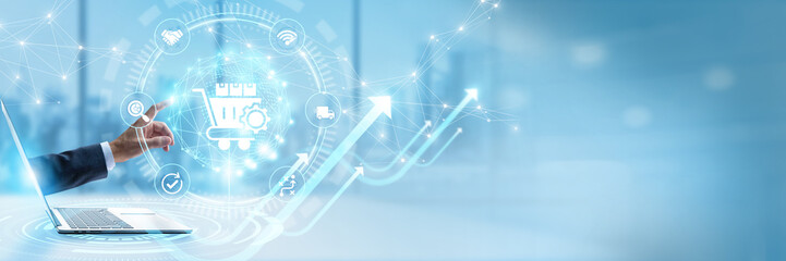 Businessman touching virtual interface with Procurement Management and corporate b2b supply chain networking. Strategic vendor purchasing workflow, automated inventory expense optimization