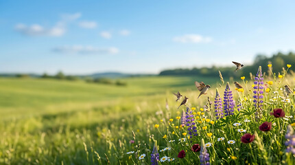 Songbirds flying above a field of purple lupines and wild flowers