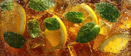Refreshing macro texture of iced tea with lemon, mint, and sparkling bubbles