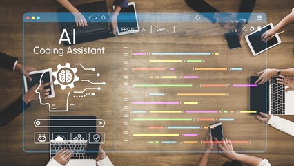 AI Coding Assistant Concept with Diverse Hands on Technology Devices and Futuristic Interface for Software Development and Innovation in Modern Workspace. Entropy.