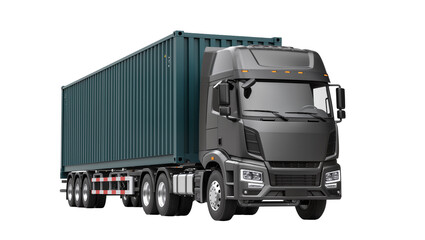 Dark gray semi-truck with teal shipping container, isolated on transparent background