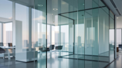 Modern glass office partitions in open plan corporate workspace with city skyline view