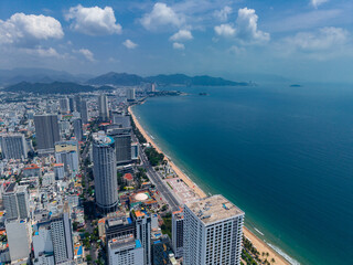Aerial view Nha Trang Vietnam coastal skyline at with vibrant colors and urban beach scape