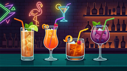Colorful cocktails with straws and umbrellas on a bar counter