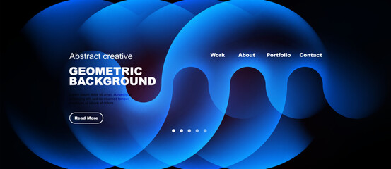 Abstract blue shapes overlap black background. Text includes work, about, portfolio, contact, read more. Modern design elements present.