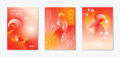 Happy Chinese new year 2027 poster vector set. Year of the Goat zodiac template with horse and Chinese lantern on orange background. Design for card, cover, social media, Happy New Year, ads.