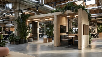 Modern Biophilic Office Design with Lush Greenery and Natural Wood Elements