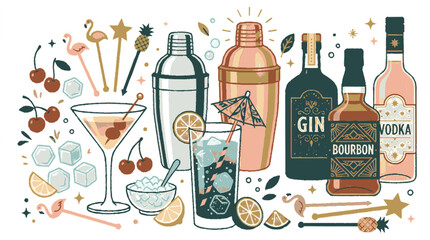 Whimsical cocktail bar elements illustration set with shakers