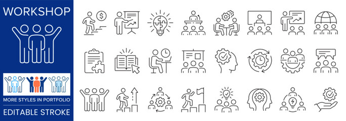 Skill development icon set. Representing workshop, training, learning, teamwork, productivity and professional growth.