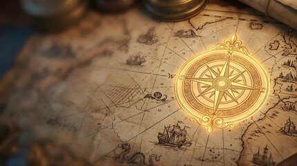 Glowing vintage nautical compass on an old world treasure map background