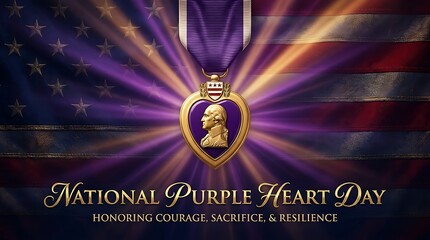 National Purple Heart Day Tribute with US Flag and Military Medal