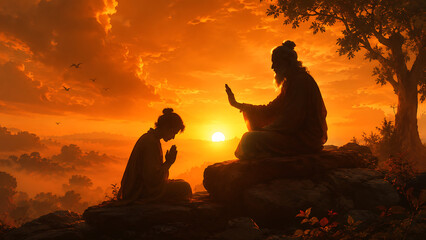 Guru purnima golden sunset silhouette showing guru blessing devotee on rocky hill for hindu relegious festival peaceful spiritual devotion