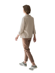 Full length portrait of a young woman walking isolated transparent PNG, student girl full body photo PNG with transparent background precisely cut out with clipping path.