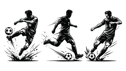 Dynamic Soccer Player Silhouettes in Action Striking and Kicking Ball Vector Illustration Set