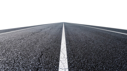 Asphalt road with white lines cracked texture, isolated on transparent background
