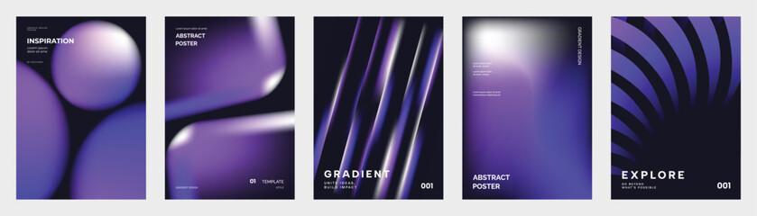 Futuristic gradient poster vector collection. Abstract purple blue backgrounds with glowing geometric shapes for cover, banner and digital design.