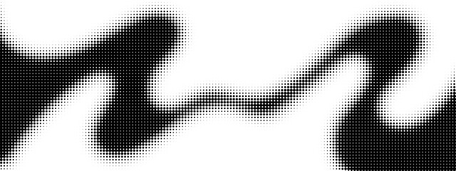 Monochrome halftone dotted illustration, abstract dynamic wave, ribbon pattern. Curved line with halftone effect, flud design. Vector minimalist background. Overlay template. Vector