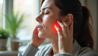 Woman feels severe jaw pain, holding her cheek and ear. Red spot indicates painful area, suggesting temporomandibular joint issue, stress, or tension.