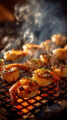 Juicy seasoned shrimp grilling over hot charcoal with aromatic herbs creating smoky flames for a delicious outdoor barbecue feast experience