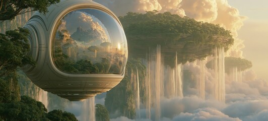 Transparent Glass Sphere Suspended Among Floating Islands Above Sea of Clouds, Reflecting Fantasy Landscapes and Golden Light, Luxury Surreal Concept of Limitless Possibilities