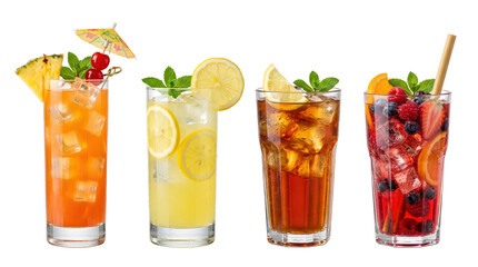 Assorted summer cocktails including mai tai lemonade iced tea, isolated on transparent background
