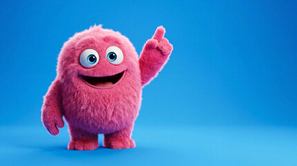 Cheerful pink furry monster character pointing up with a big smile on a solid blue background, cute 3D cartoon creature mascot illustration
