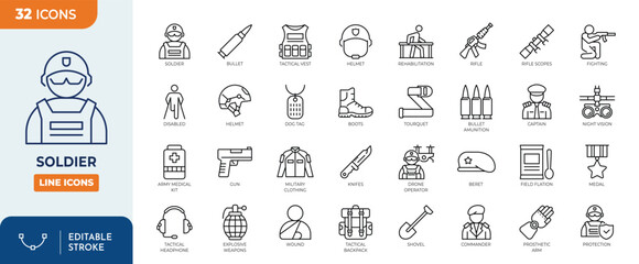 Soldier line editable icon set. Containing soldier, military, army, force, warior, equipment, gun and more. Editable stroke. Vector illustration