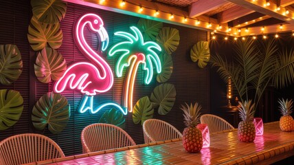 Neon flamingo sign with palm tree light decoration on a tropical bar wall featuring pineapples and rattan chairs indoors