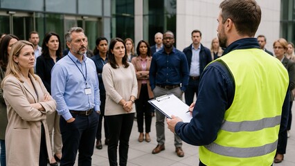 Fire marshal leading group of office workers during building evacuation drill. Security officer giving safety instructions to colleagues at workplace. Emergency preparedness training concept