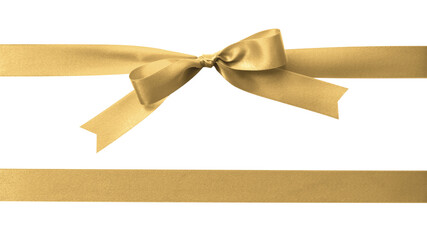 Gold bow ribbon band satin golden stripe fabric (PNG isolated on transparent background) for Christmas holiday gift box, greeting card banner, present wrap design decoration ornament