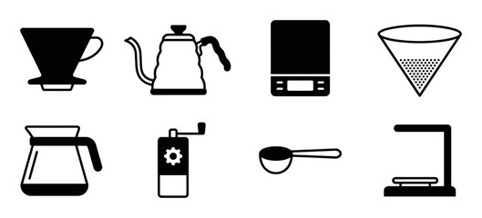 Set of black coffee making icons for pour-over brewing, including a dripper, gooseneck kettle, scale, filter, grinder, and server in a minimalist flat vector illustration style