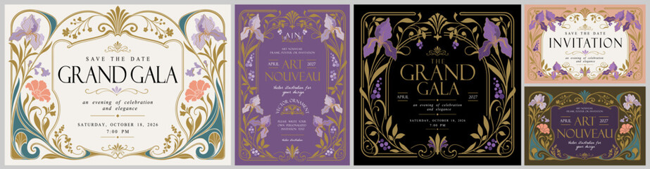 Art Nouveau Gala vector set with ornate floral frame, vintage typography, flowers, ornament, plant and decorative design elements for wedding invitation, poster, card, border or classic branding 