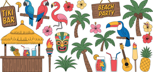 Vibrant tropical tiki bar and beach party vector element set with exotic birds palm trees cocktails and hawaiian decorations