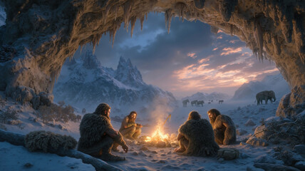 Prehistoric humans gather in icy cave by a campfire with mammoths in the snowy landscape