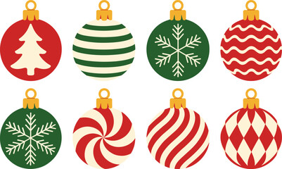 Set of eight colorful round christmas baubles for festive tree decoration isolated on white background