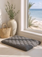 Gray floor cushion by a window with a beach view. Minimalist home interior with woven basket and vase. Relaxation and meditation space with ocean background