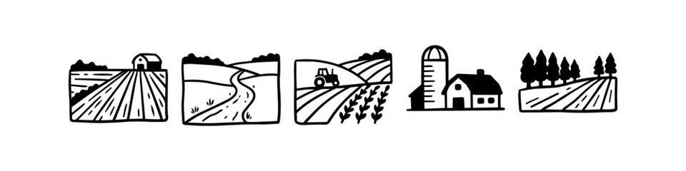 Minimalist black and white hand-drawn farm landscape icons featuring barns, tractors, and rural fields. Ideal for rustic agricultural branding and labels.