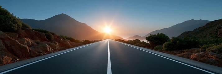 Straight open highway leading to sunrise between mountains for panoramic road background and travel banner design