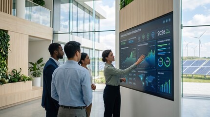 Business team analyzing renewable energy integration dashboard, sustainable technology goals and green power metrics in modern eco-friendly office building with solar panels view