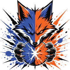Stylized vector illustration of a split color fox mascot holding a bright glowing energy orb